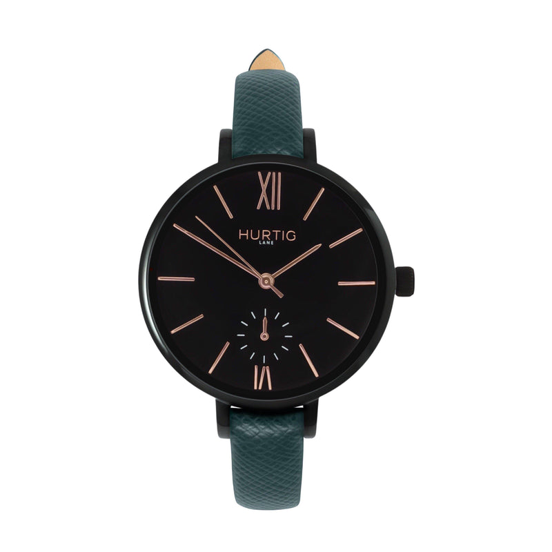 Amalfi Petite Vegan Leather Watch Black, Black & Marine Blue - Hurtig Lane - sustainable- vegan-ethical- cruelty free