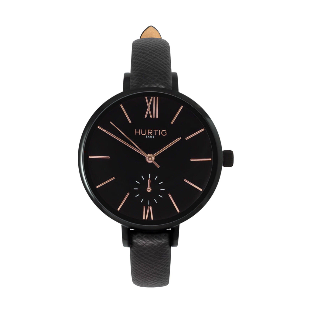 Amalfi Petite Vegan Leather Watch Black, Black & Black - Hurtig Lane - sustainable- vegan-ethical- cruelty free