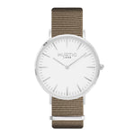 vegan nylon nato watch. silver, white  & beige. vegane uhr