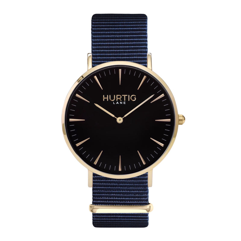 vegan nylon nato watch. gold, black  & blue. vegane uhr