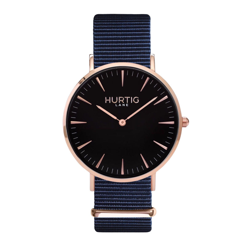 men's vegan nylon nato watch rose gold, black  and blue