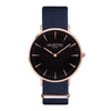 vegan nylon watch. nato watch rose gold, black and blue