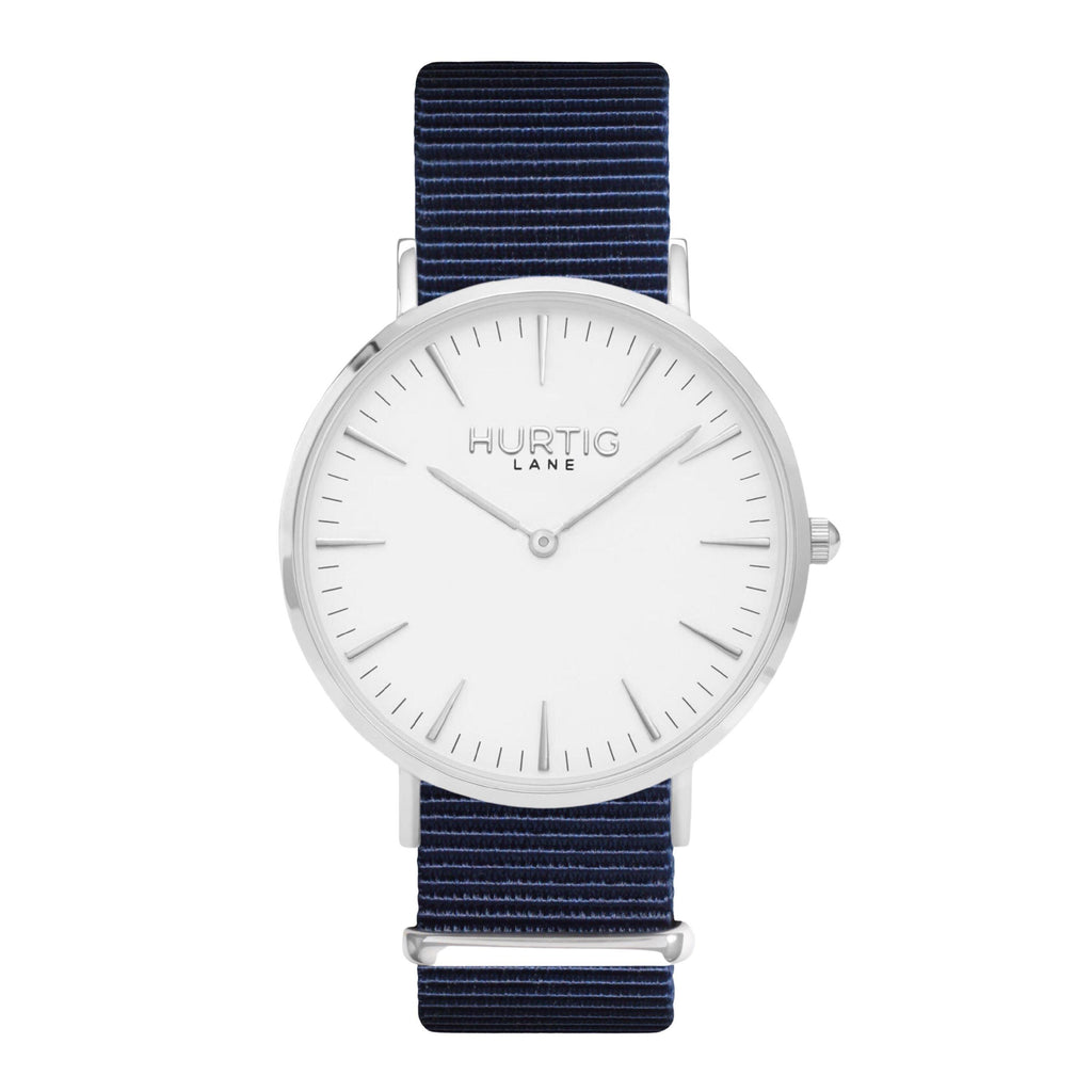 men's vegan nylon nato watch silver, white and blue