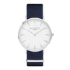 vegan nylon nato watch. silver, white  & blue. vegane uhr