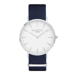 vegan nylon nato watch. silver, white  & blue. vegane uhr