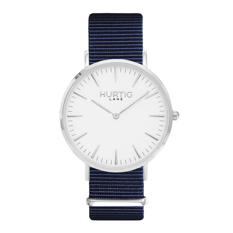 vegan nylon nato watch. silver, white  & blue. vegane uhr