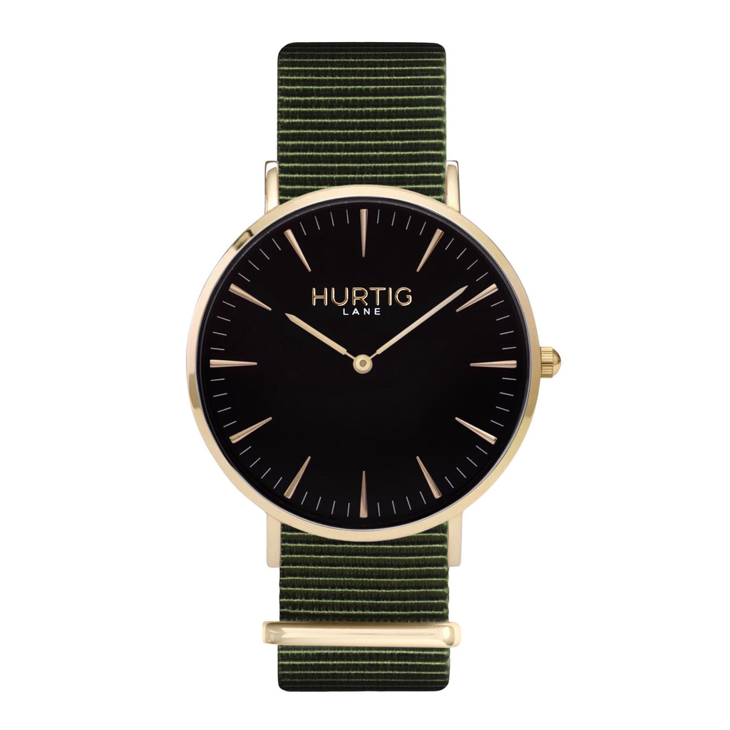 vegan nylon nato watch. gold, black  & maroon. vegane uhr