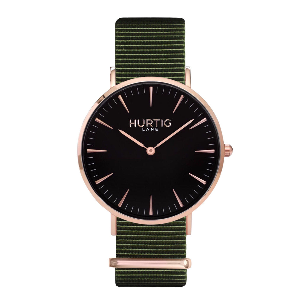 vegan nylon watch. nato watch rose gold, black and green