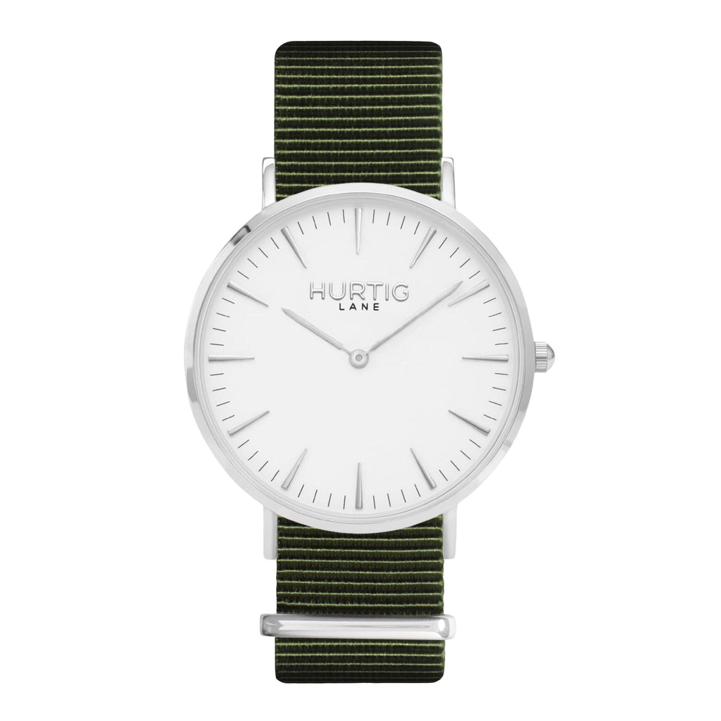 vegan nylon nato watch. silver, white  & green. vegane uhr