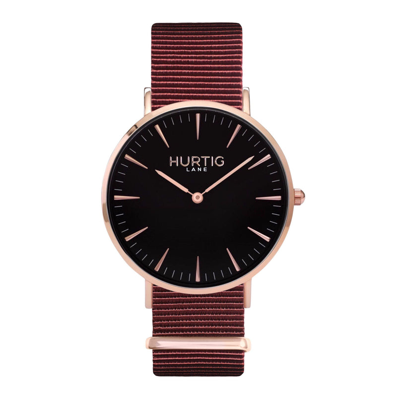 vegan nylon watch. nato watch rose gold, black and maroon