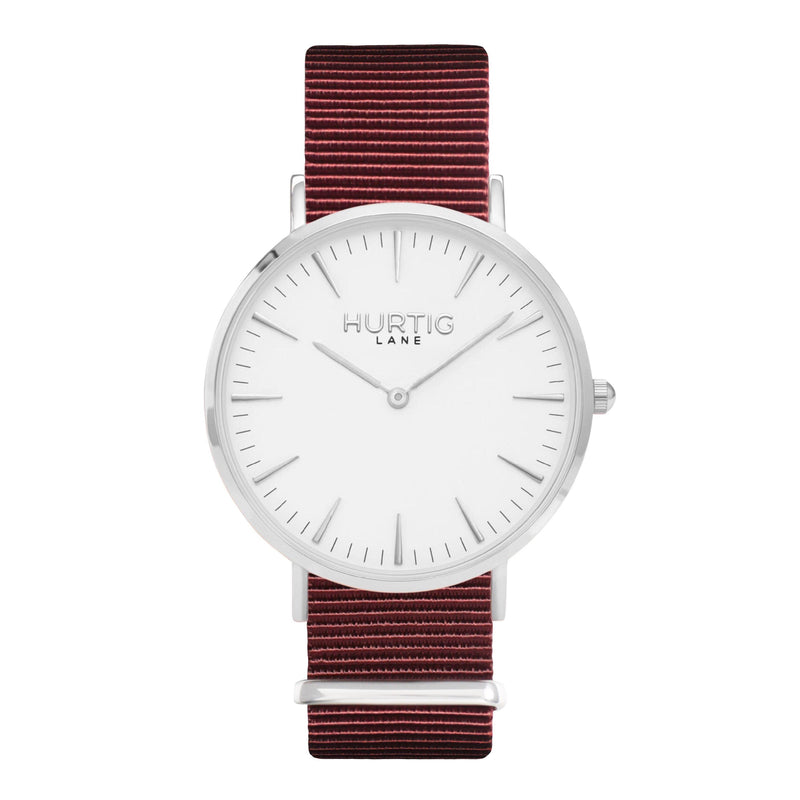 vegan nylon nato watch. silver, white  & maroon. vegane uhr