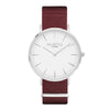 vegan nylon nato watch. silver, white  & maroon. vegane uhr