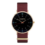 vegan nato watch. gold, black & maroon