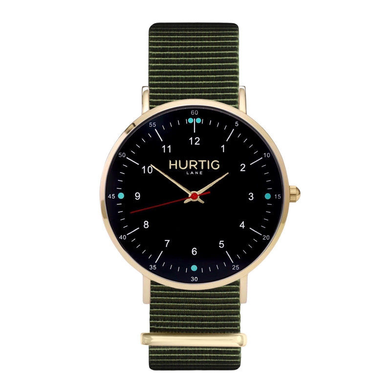 vegan nato watch. gold, black & green