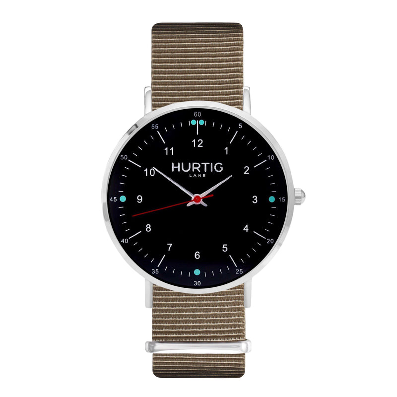 Moderno Vegan Nylon Watch Montezuma Silver, Black & Olive Green Watch Hurtig Lane Vegan Watches