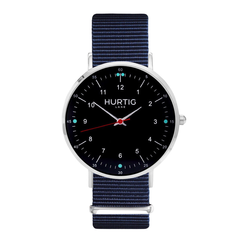 vegane uhr. nato watch silver, black & blue