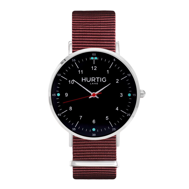 vegane uhr. nato watch silver, black & maroon