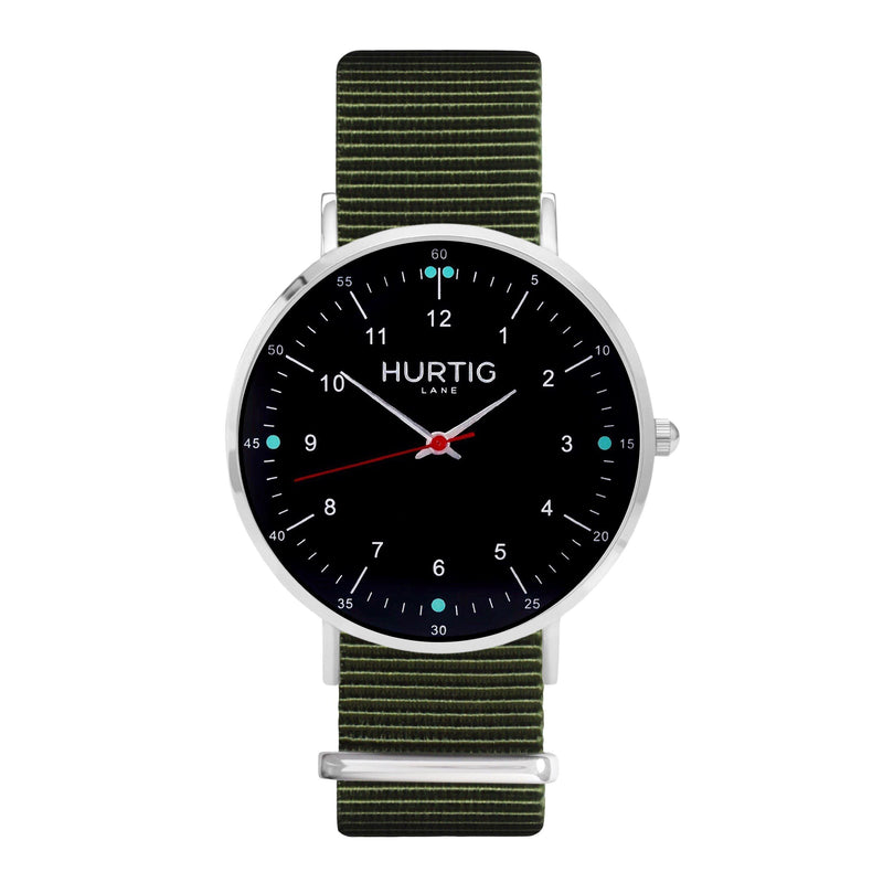 vegane uhr. nato watch silver, black & green