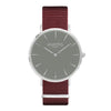 vegan nylon nato watch. silver, grey  & maroon. vegane uhr