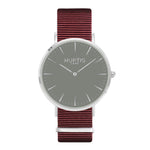 vegan nylon nato watch. silver, grey  & maroon. vegane uhr