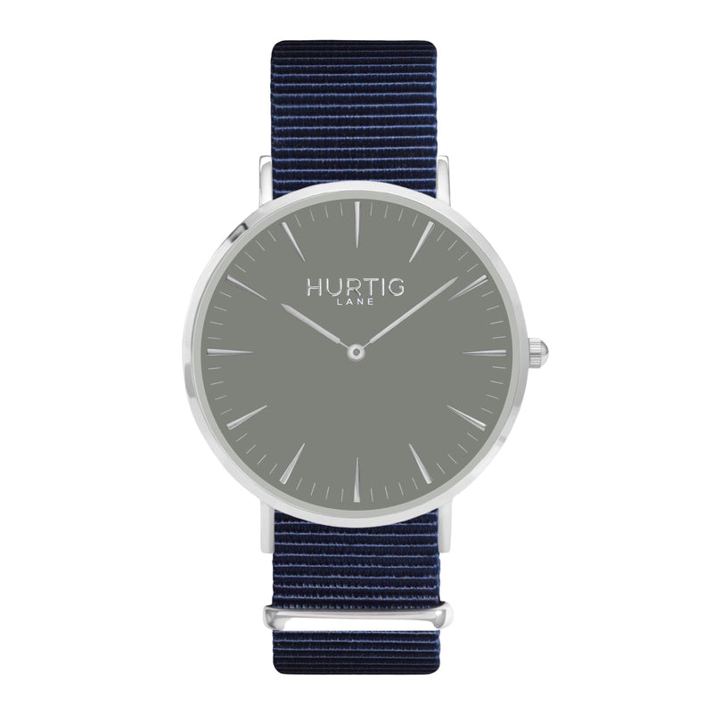 vegan nylon nato watch. silver, grey  & blue. vegane uhr