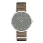 vegan nylon nato watch. silver, grey  & beige. vegane uhr