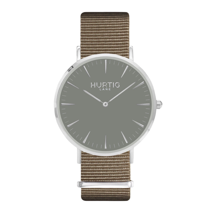 vegan nylon nato watch. silver, grey  & beige. vegane uhr