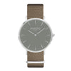 vegan nylon nato watch. silver, grey  & beige. vegane uhr