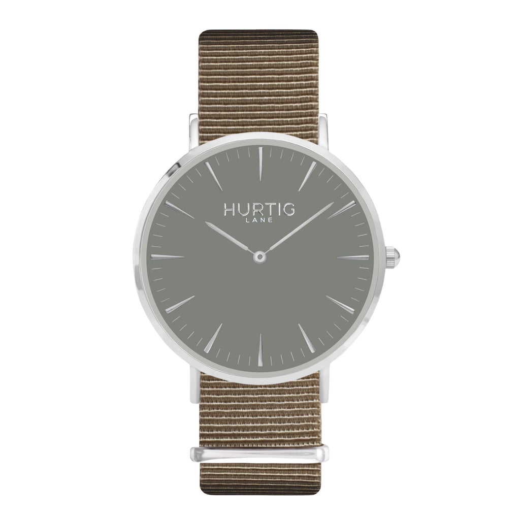 vegan nylon nato watch. silver, grey  & blue. vegane uhr