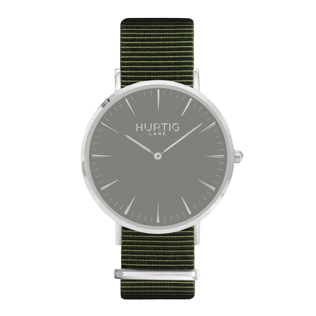 vegan nylon nato watch. silver, grey  & green. vegane uhr