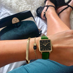 vegane uhr. women's vegan square watch gold, black green 