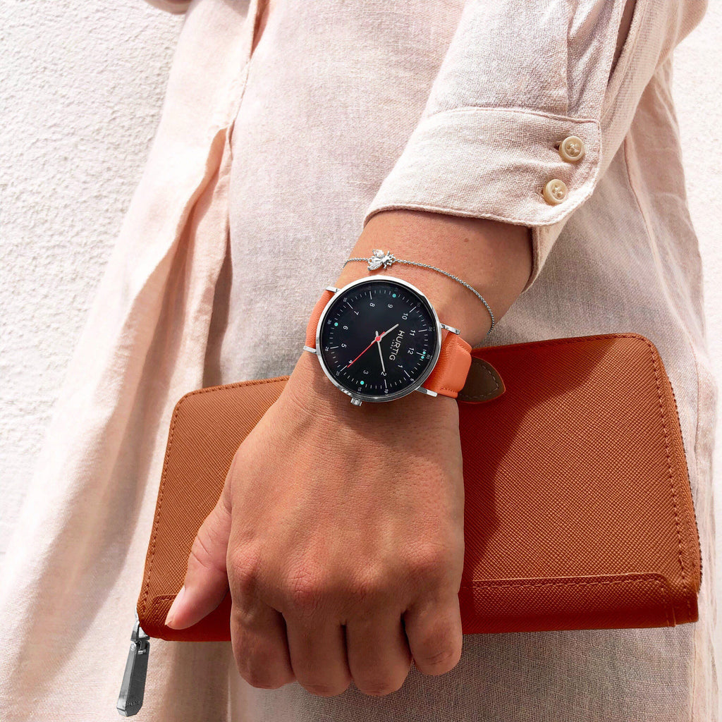 Moderna Vegan Leather Watch Silver, Black & Coral Watch Hurtig Lane Vegan Watches