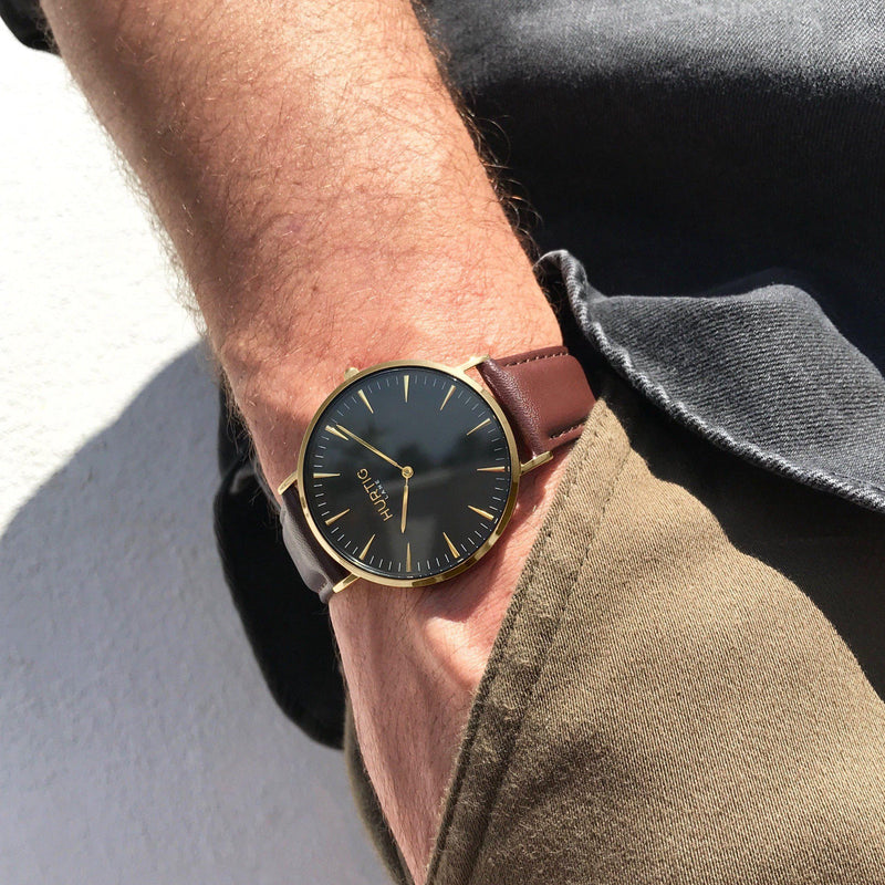 men's vegan watch in gold, black and dark brown