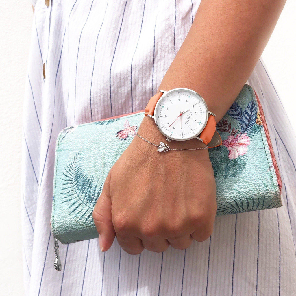 hurtig lane vegan leather watch silver, white and coral. Vegane uhren