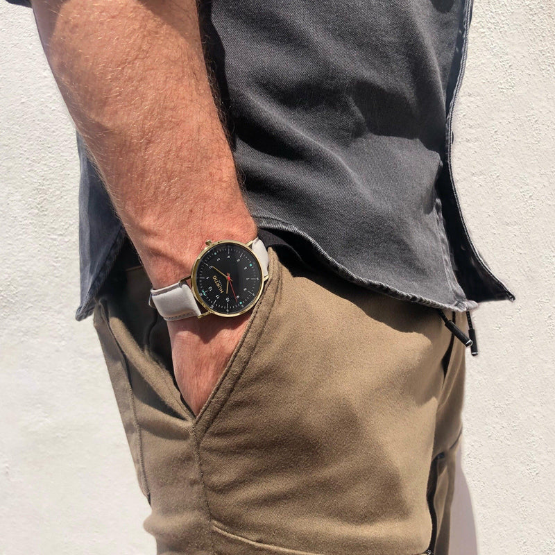 men's vegan leather watch in gold and grey