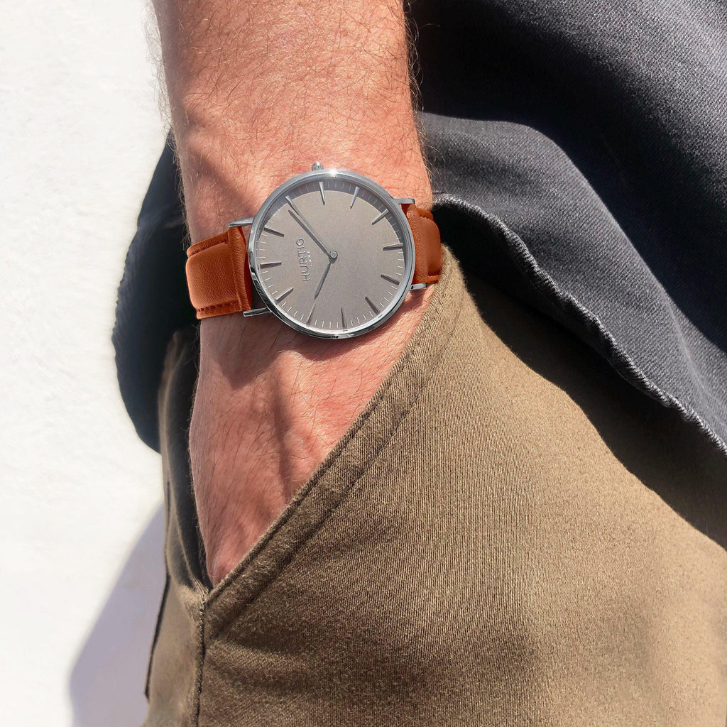 Vegan leather watch silver, grey and tan- hurtig lane- vegane uhren