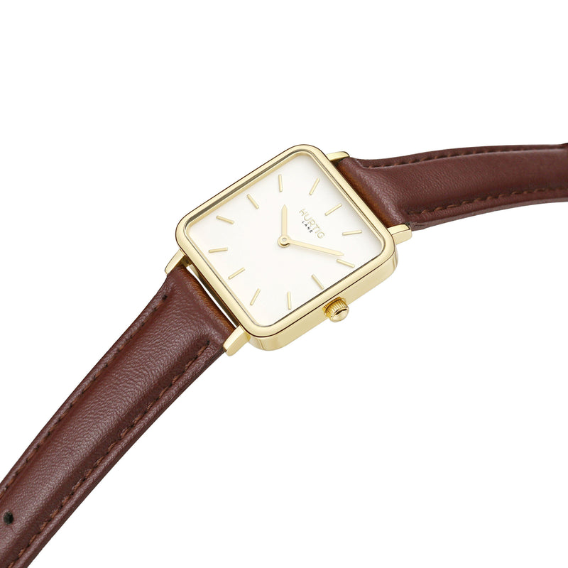 Neliö Square Vegan Leather Gold/White/Chestnut Watch Hurtig Lane Vegan Watches