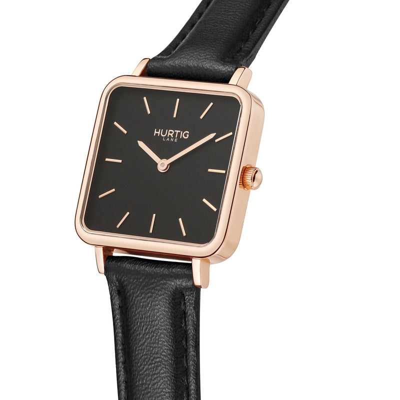 Neliö Square Vegan Leather Rose Gold/Black/Black Watch Hurtig Lane Vegan Watches