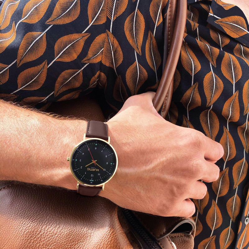 men's vegan watch gold and dark brown. hurtig lane vegan watches