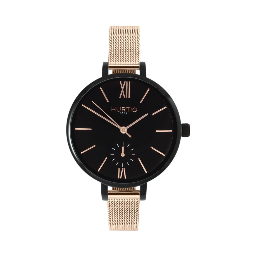 Amalfi Petite Stainless Steel Watch Black, Black & Rose Gold Watch Hurtig Lane Vegan Watches