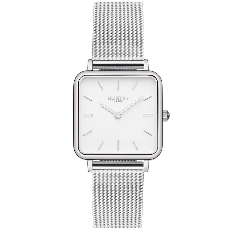 Neliö Square Stainless Steel Watch Silver, White & Silver Watch Hurtig Lane Vegan Watches