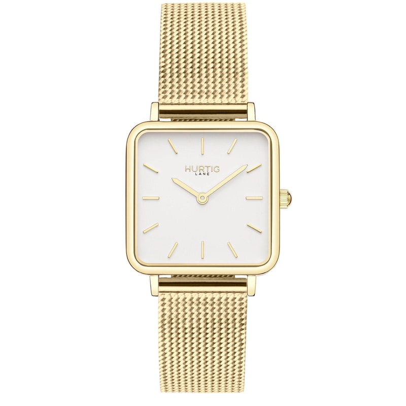 Neliö Square Stainless Steel Watch Gold, White & Gold Watch Hurtig Lane Vegan Watches