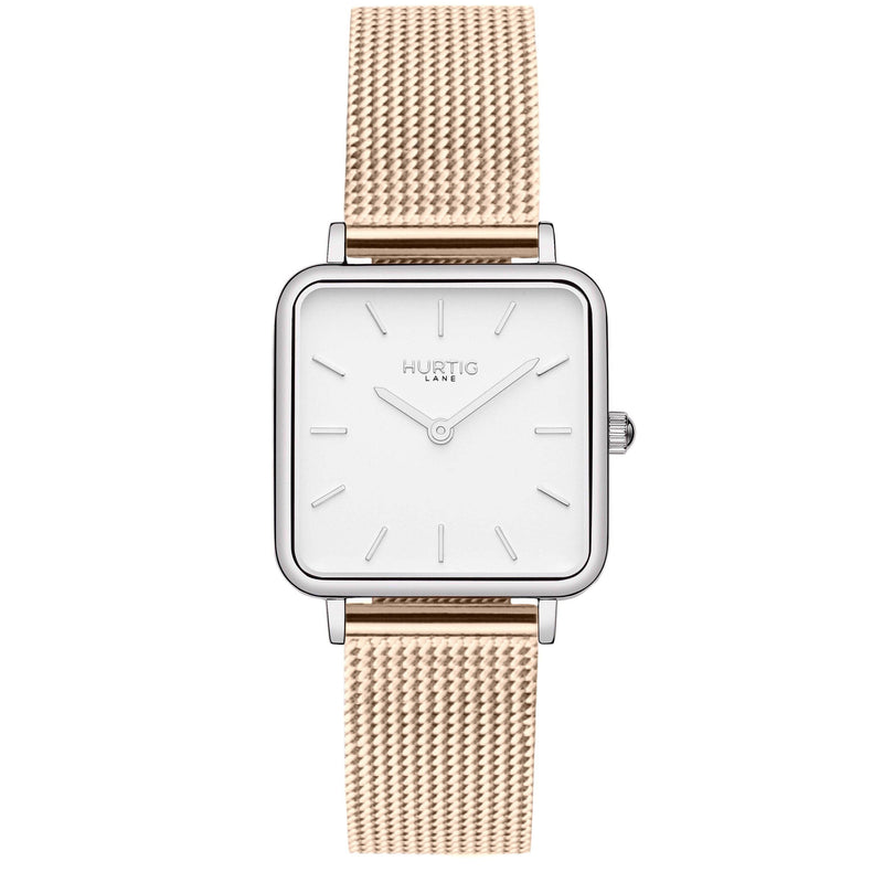 Neliö Square Stainless Steel Watch Silver, White & Gold Watch Hurtig Lane Vegan Watches