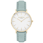 Hymnal Vegan Watch Suede Gold, White & Duck Egg Blue Watch Hurtig Lane Vegan Watches