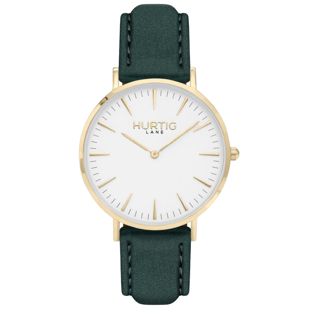 Hymnal Vegan Watch Suede Gold, White & Forest Green Watch Hurtig Lane Vegan Watches