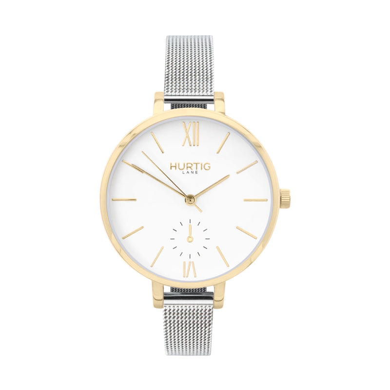 Amalfi Petite Vegan Leather Watch Gold, White & Marine Blue Watch Hurtig Lane Vegan Watches