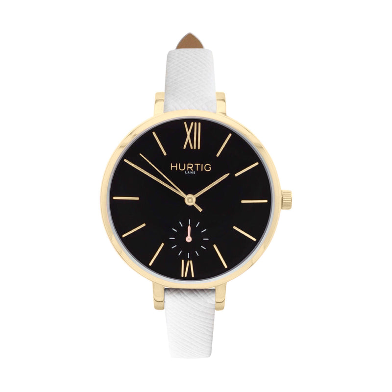 Amalfi Petite Vegan Leather Watch Gold, Black & Coral Watch Hurtig Lane Vegan Watches