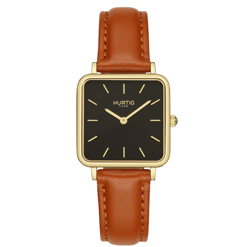 Neliö Square Vegan Leather Gold/Black/Chestnut Watch Hurtig Lane Vegan Watches