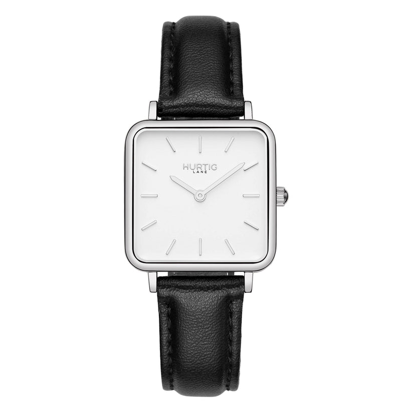 Neliö Square Stainless Steel Watch Silver, White & Silver Watch Hurtig Lane Vegan Watches