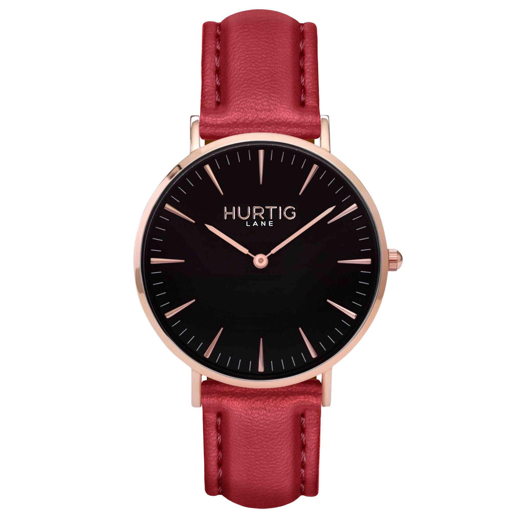 Mykonos Vegan Leather Watch Rose Gold, Black & Cherry Red Watch Hurtig Lane Vegan Watches